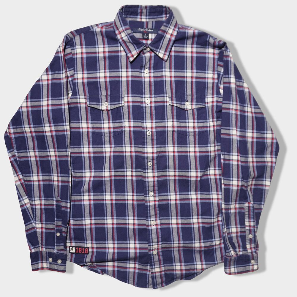 Brooks Brothers Red Fleece Plaid Flannel Shirt Youth Large Blue Cotton Button Up